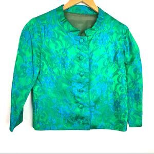 Vintage 1960s Silk Evening Jacket Green Blue Shiny 3/4 Sleeve Floral